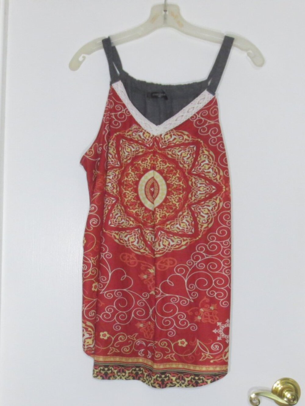 LOVEU.DEAR Tank Top Red Gold Mandala Print Boho Lace Trim Comfy Stretchy Size 1X